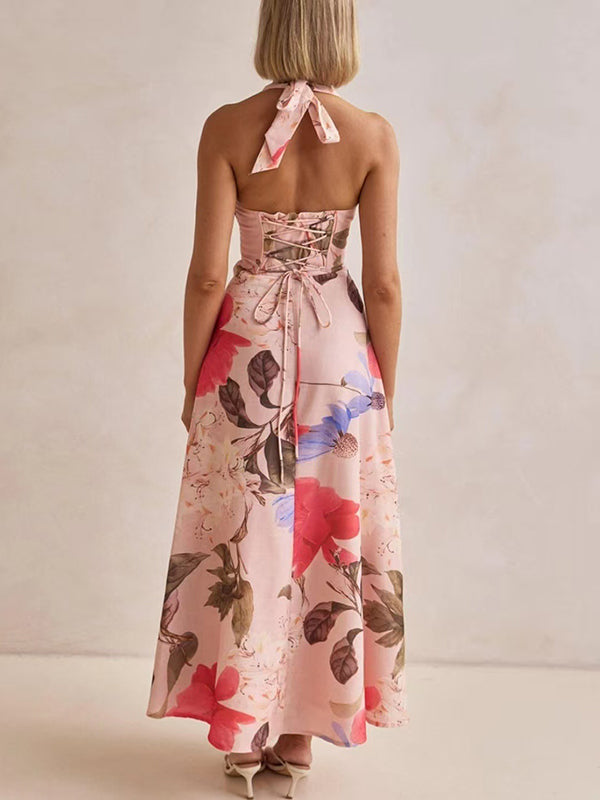 Robe longue grossesse imprimé fleurie ceinture rose poudré