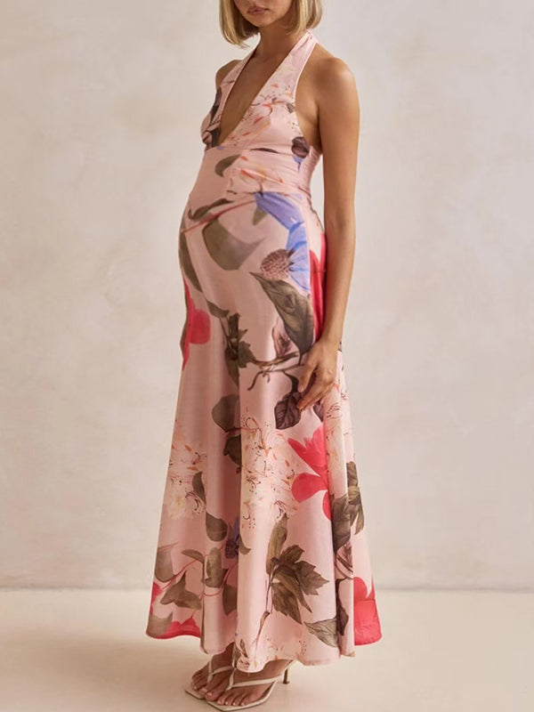 Robe longue grossesse imprimé fleurie ceinture rose poudré