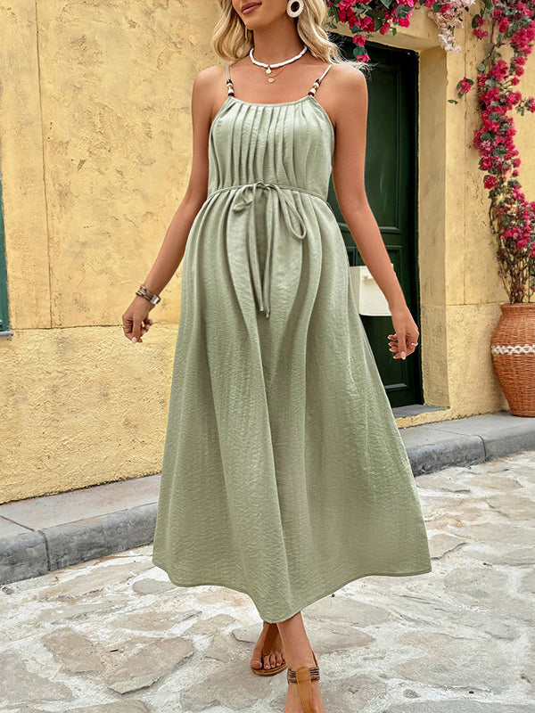 Robe longue grossesse ceinture spaghettiträger vert