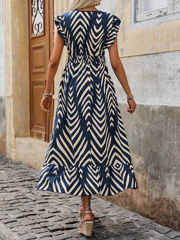 Robe longue grossesse géométrique volants bleu foncé