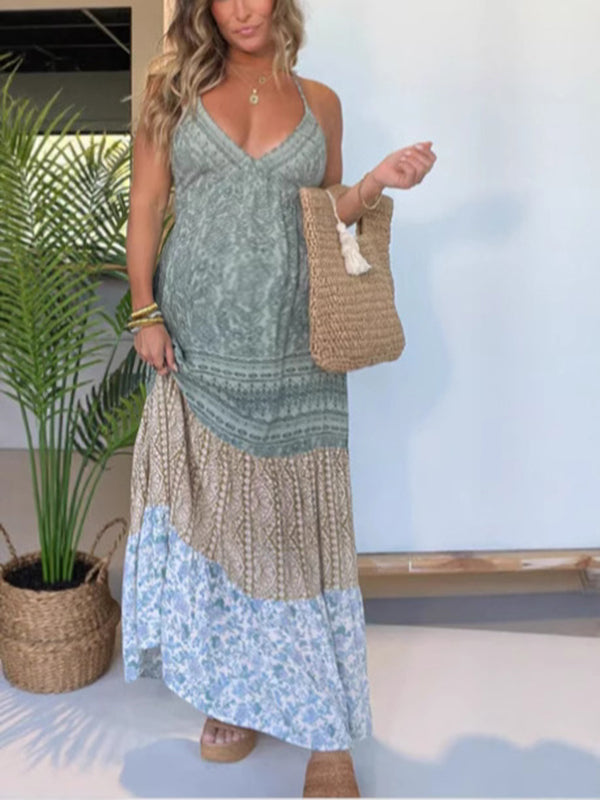 Robe longue grossesse imprimé fleurie épissage bleu ciel