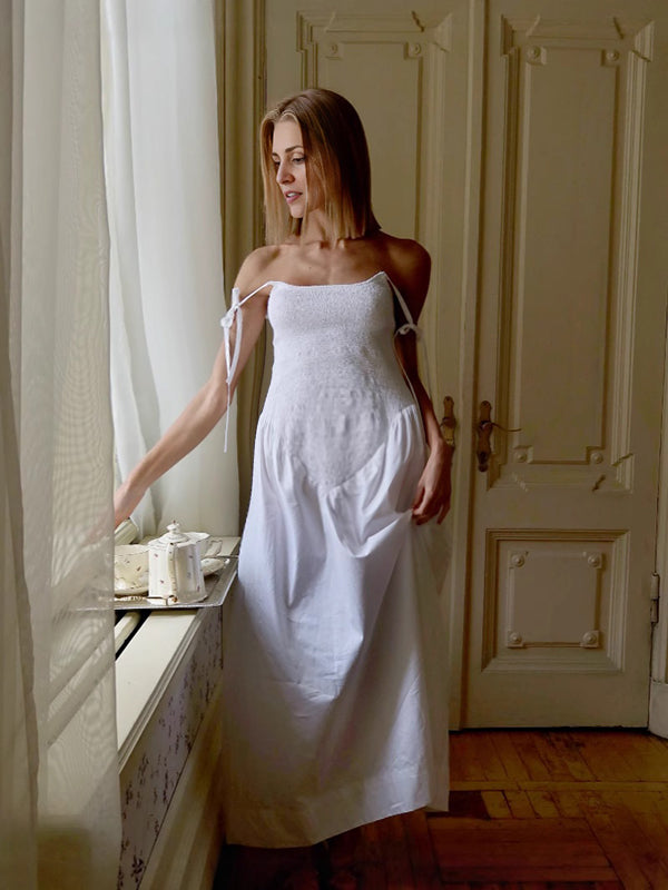 Robe longue grossesse plissé spaghettiträger blanche