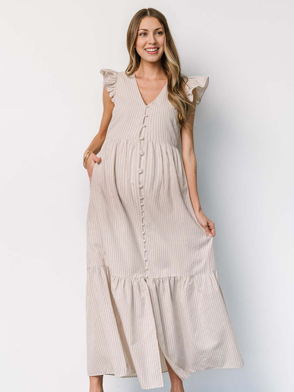 Robe longue grossesse rayé volants bouton beige