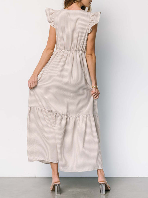 Robe longue grossesse rayé volants bouton beige