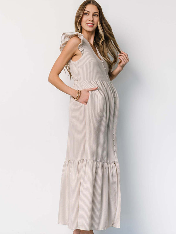 Robe longue grossesse rayé volants bouton beige