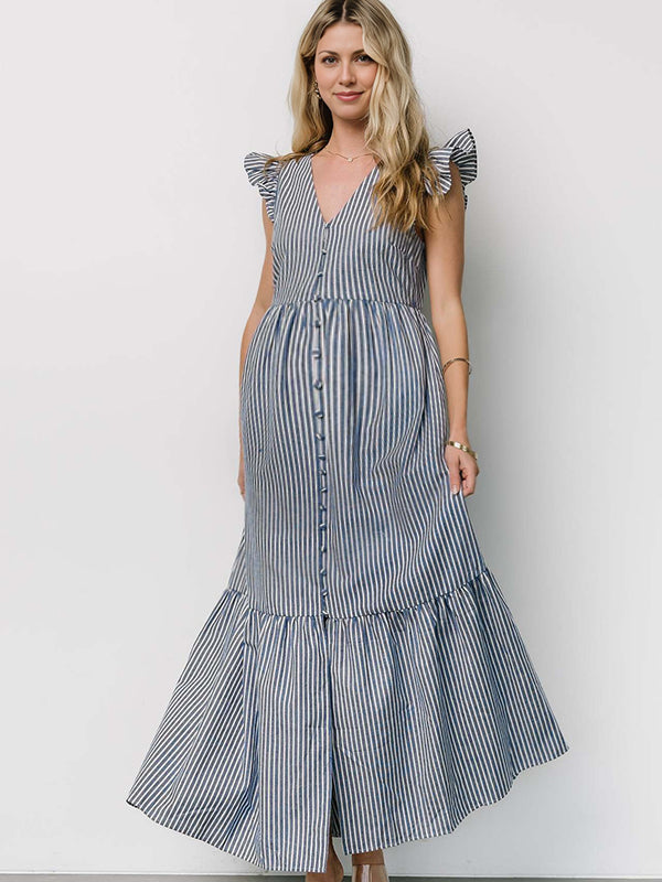 Robe longue grossesse rayé volants bouton bleu