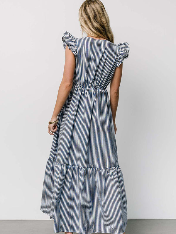 Robe longue grossesse rayé volants bouton bleu