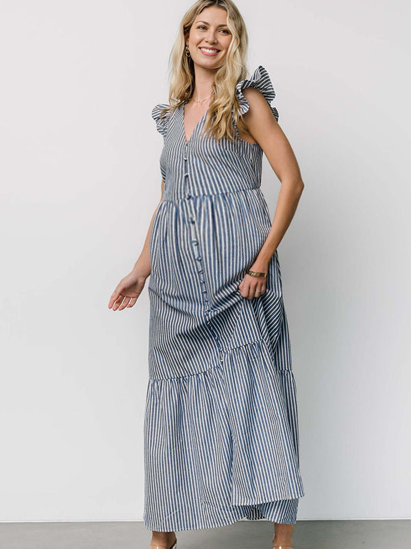 Robe longue grossesse rayé volants bouton bleu