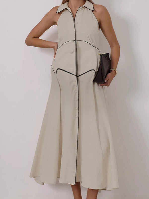 Beaumama robe longue grossesse boutonnage sans manches khaki