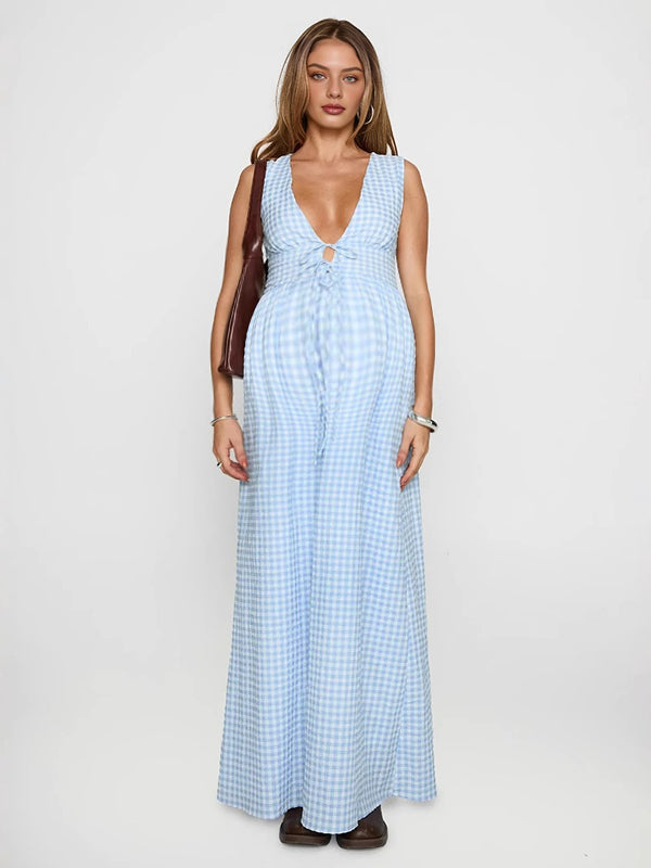 Beaumama robe longue grossesse carreaux nœud papillon bleu clair