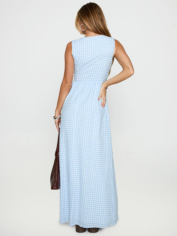 Beaumama robe longue grossesse carreaux nœud papillon bleu clair