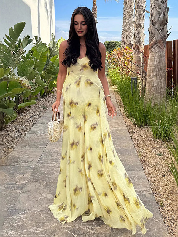 Beaumama robe longue grossesse imprimé fleurie fluide dos nu jaune