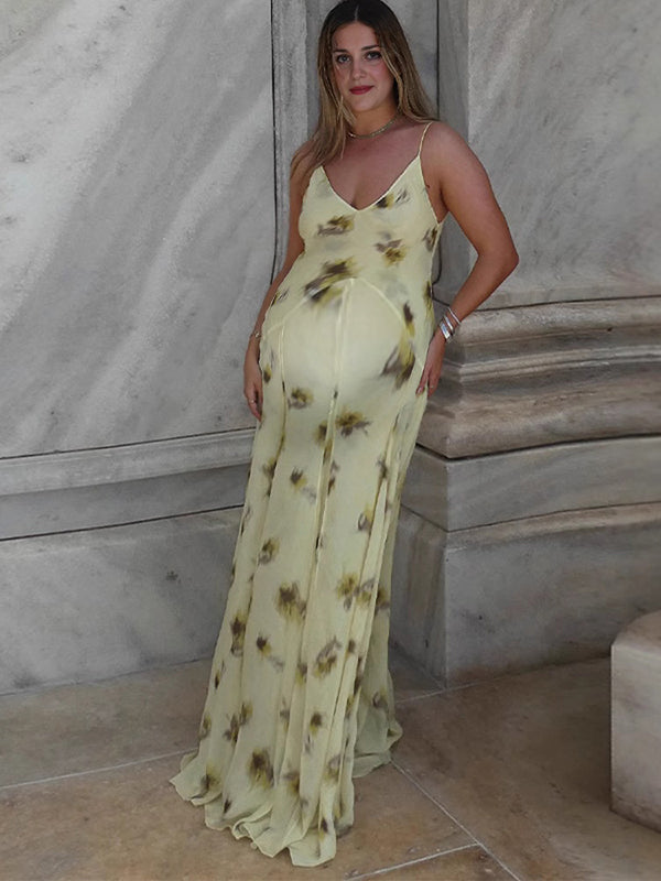 Beaumama robe longue grossesse imprimé fleurie fluide dos nu jaune