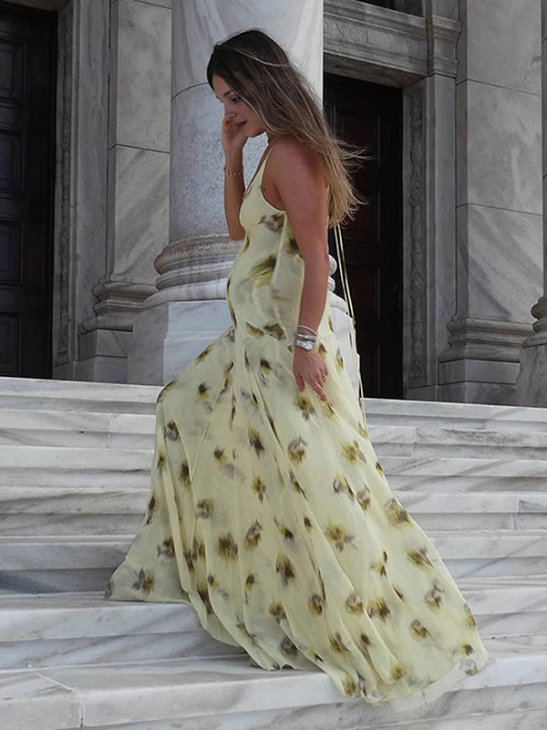Beaumama robe longue grossesse imprimé fleurie fluide dos nu jaune