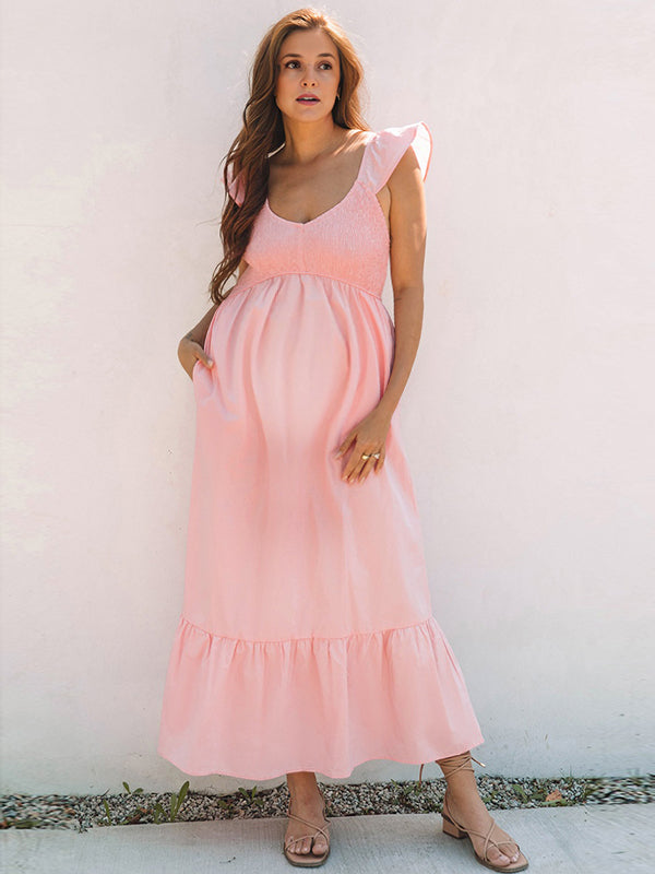 Beaumama robe longue grossesse volants épissage rose