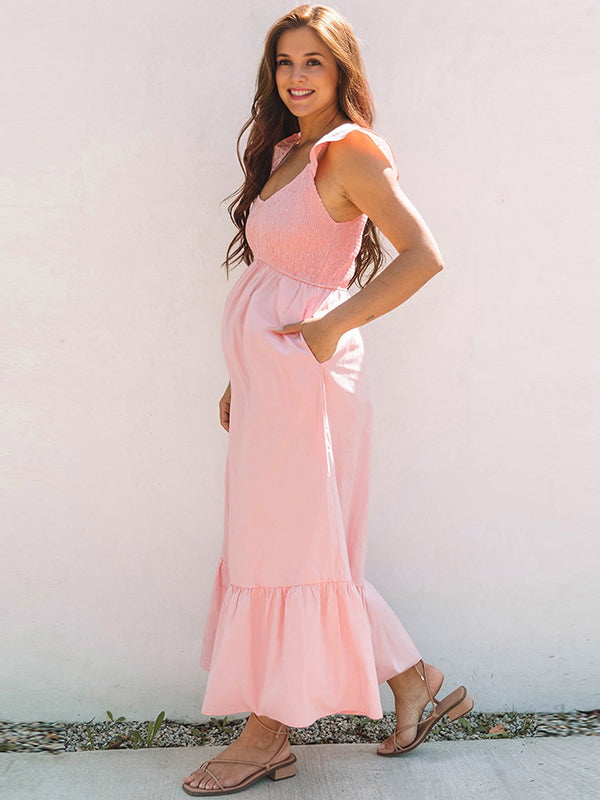 Beaumama robe longue grossesse volants épissage rose