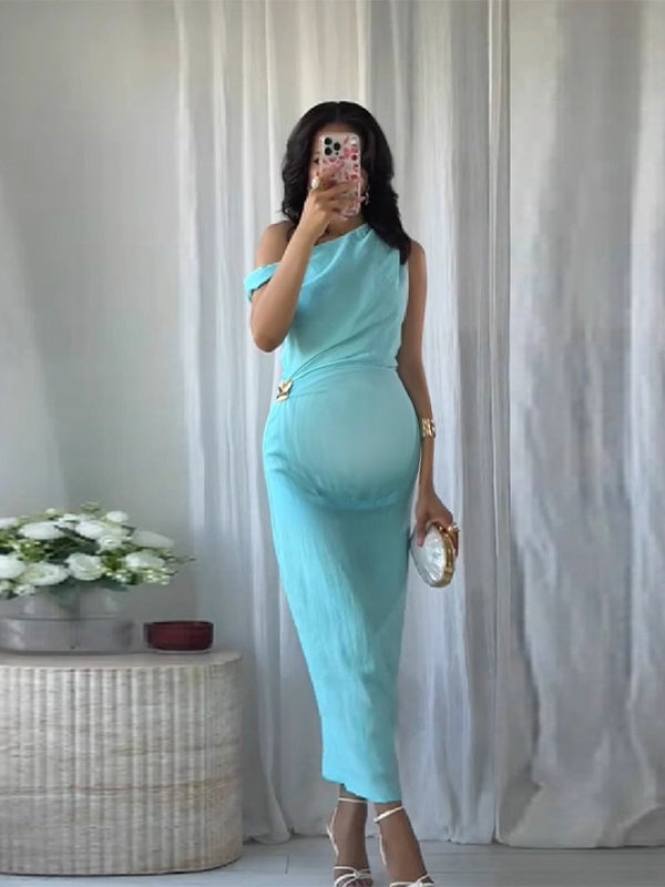 Beaumama robe longue grossesse épaule asymétrique boucle bleu