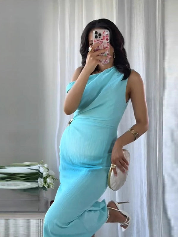 Beaumama robe longue grossesse épaule asymétrique boucle bleu