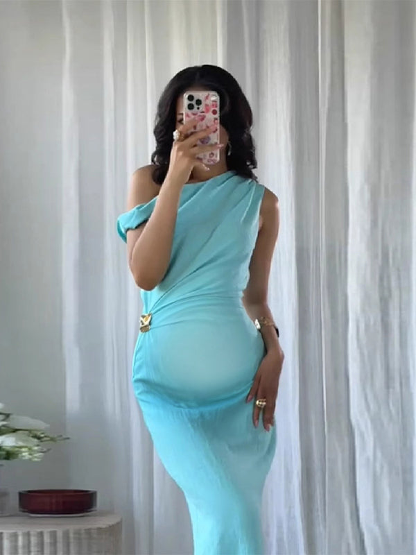 Beaumama robe longue grossesse épaule asymétrique boucle bleu