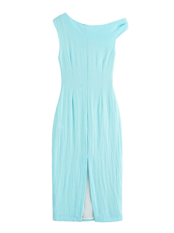 Beaumama robe longue grossesse épaule asymétrique boucle bleu