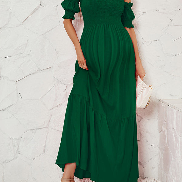 Beaumama robe longue grossesse plissé épaule dénudée vert emeraude