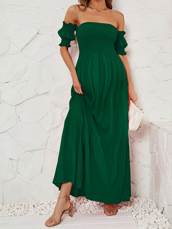 Beaumama robe longue grossesse plissé épaule dénudée vert emeraude