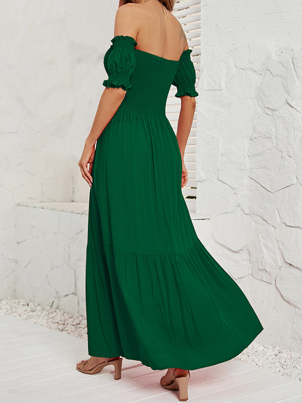 Beaumama robe longue grossesse plissé épaule dénudée vert emeraude
