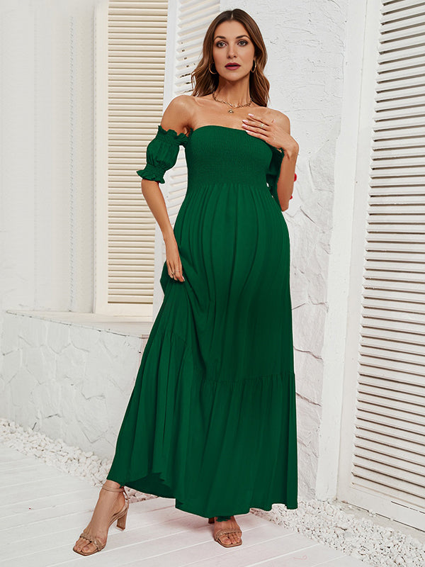 Beaumama robe longue grossesse plissé épaule dénudée vert emeraude