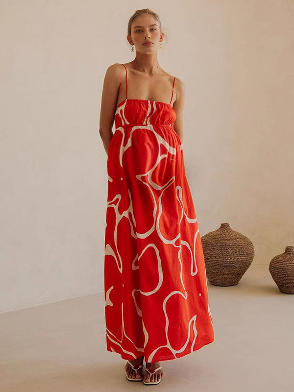 Beaumama robe longue grossesse imprimé fleurie spaghettiträger fluide rouge
