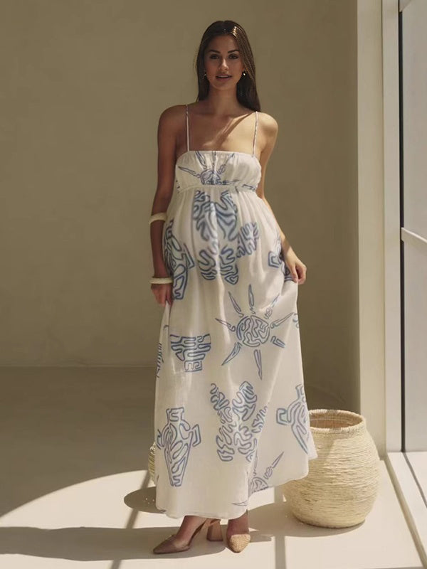 Beaumama robe longue grossesse impression graffiti spaghettiträger fluide blanche