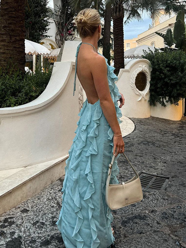 Beaumama robe longue grossesse volants dos nu licou bleu