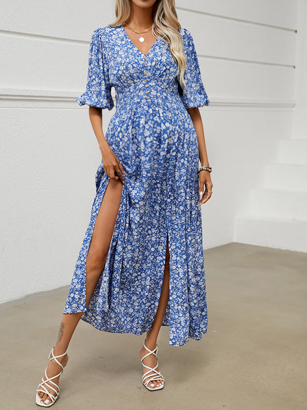 Beaumama robe longue grossesse imprimé fleurie fendu le côté bleu