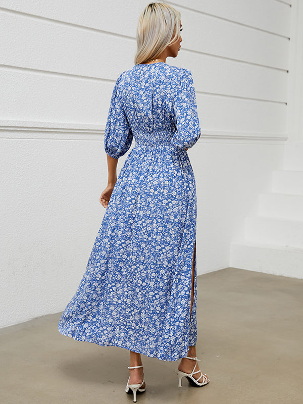 Beaumama robe longue grossesse imprimé fleurie fendu le côté bleu