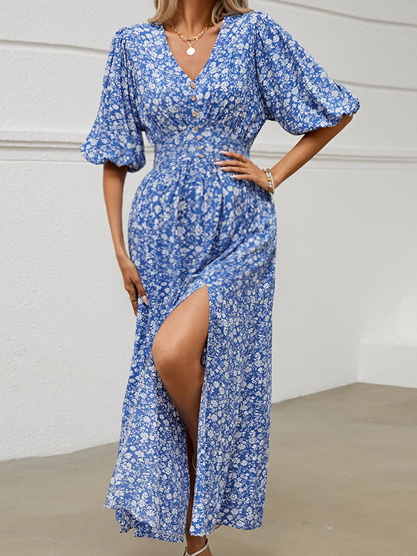Beaumama robe longue grossesse imprimé fleurie fendu le côté bleu