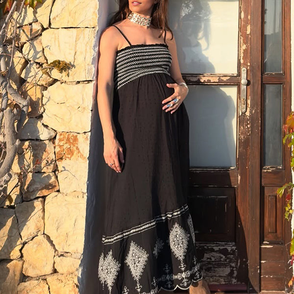 Beaumama robe longue grossesse vacances tribal bord ondulé spaghettiträger femme enceinte