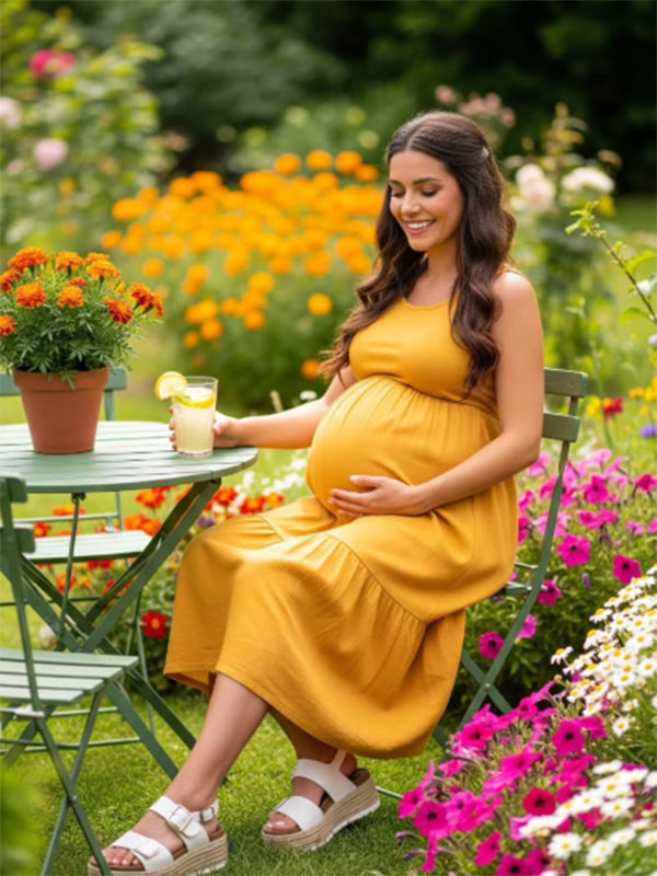 Beaumama robe longue grossesse trapèze fluide femme enceinte jaune