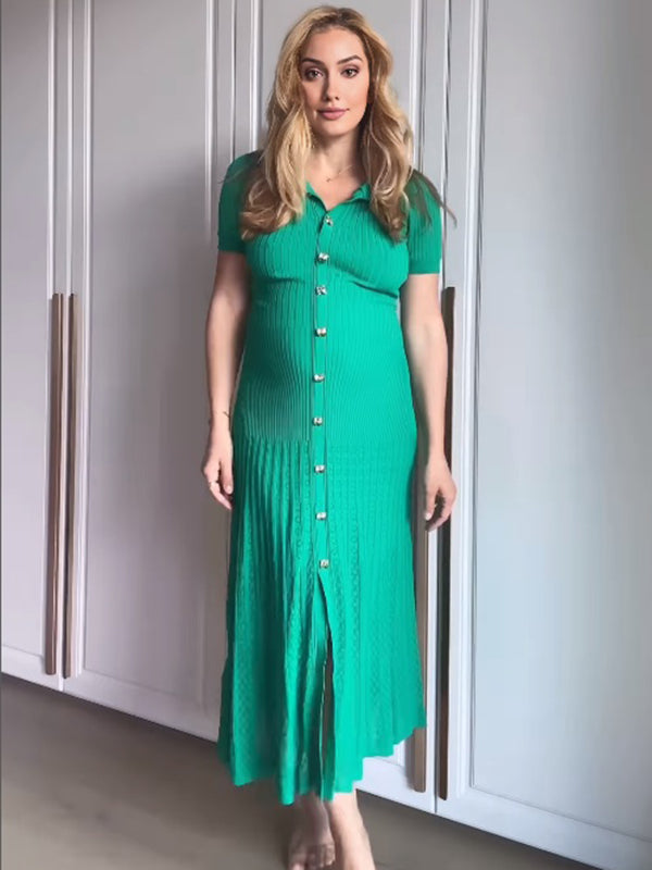 Beaumama robe longue grossesse élégant boutonnage plissé crochet tricot femme enceinte