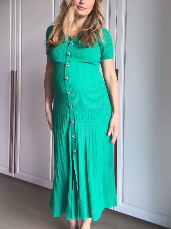 Beaumama robe longue grossesse élégant boutonnage plissé crochet tricot femme enceinte