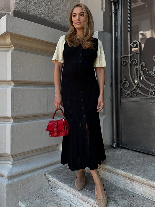 Beaumama robe longue grossesse élégant épissage boutonnage plissé crochet tricot femme enceinte