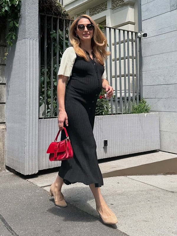 Beaumama robe longue grossesse élégant épissage boutonnage plissé crochet tricot femme enceinte