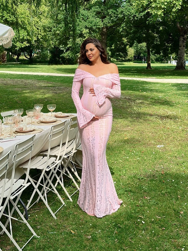 Beaumama robe longue grossesse babyshower dentelle épaule dénudée sirene femme enceinte