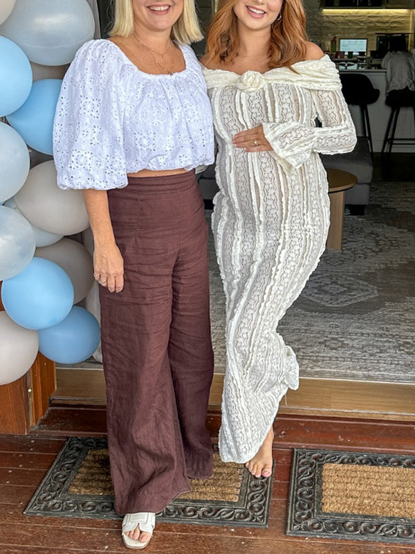 Beaumama robe longue grossesse babyshower dentelle volants fleurie épaule dénudée femme enceinte