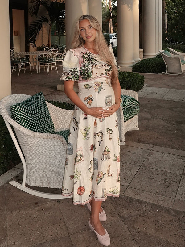 Beaumama robe longue grossesse vacances impression graffiti trapèze fluide femme enceinte