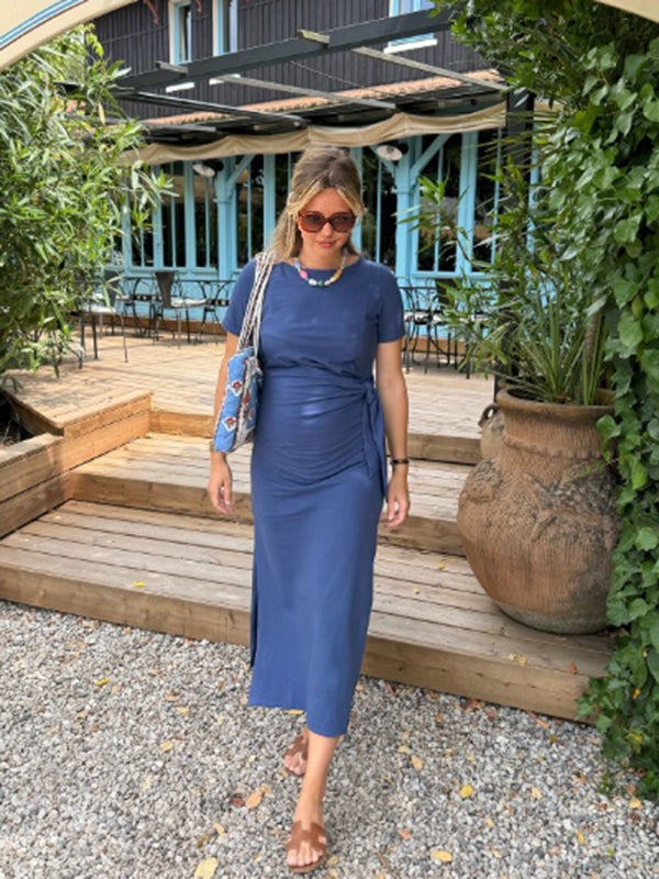 Beaumama robe longue grossesse fendu le côté ceinture femme enceinte bleu saphir