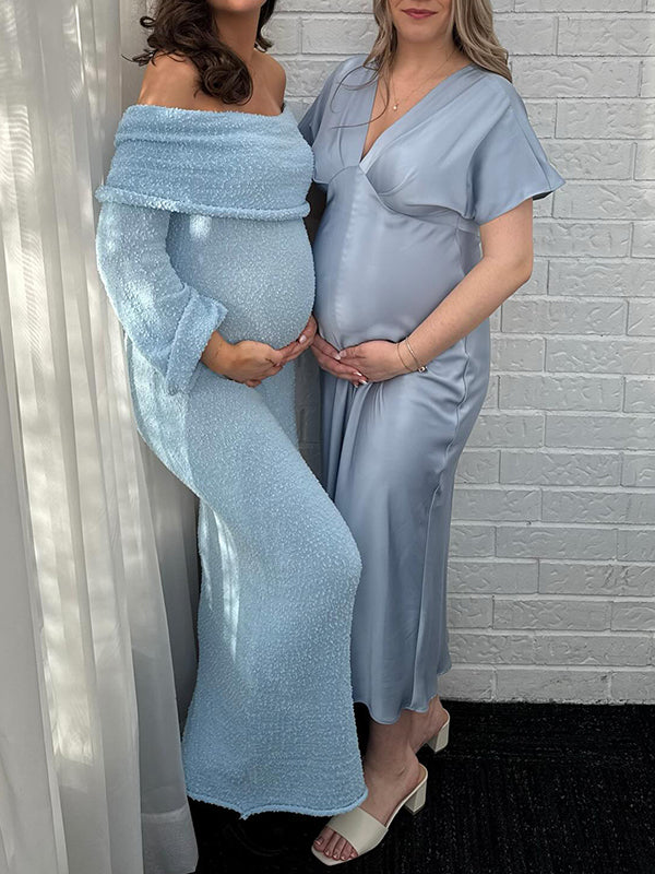 Beaumama robe longue grossesse babyshower satin fluide bleu clair femme enceinte