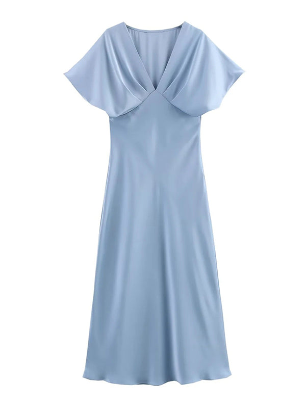 Beaumama robe longue grossesse babyshower satin fluide bleu clair femme enceinte