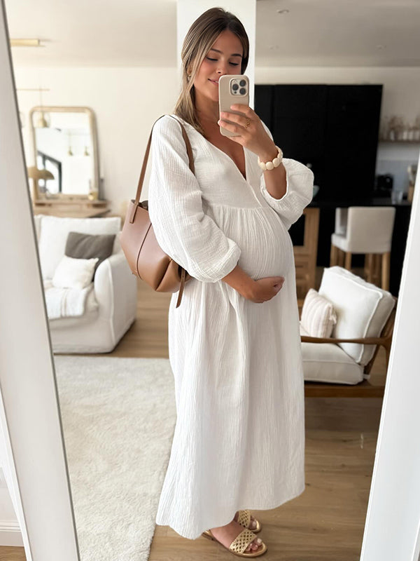 Beaumama robe longue grossesse trapèze fluide blanche femme enceinte
