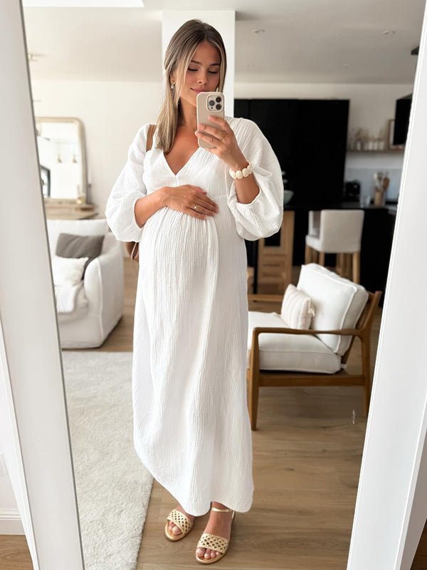 Beaumama robe longue grossesse trapèze fluide blanche femme enceinte