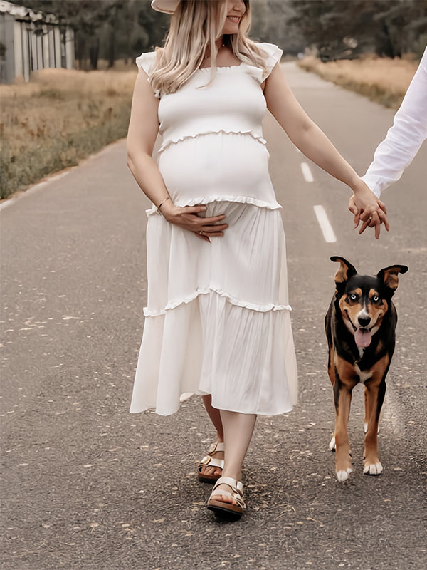 Beaumama robe longue grossesse volants plissé femme enceinte blanche
