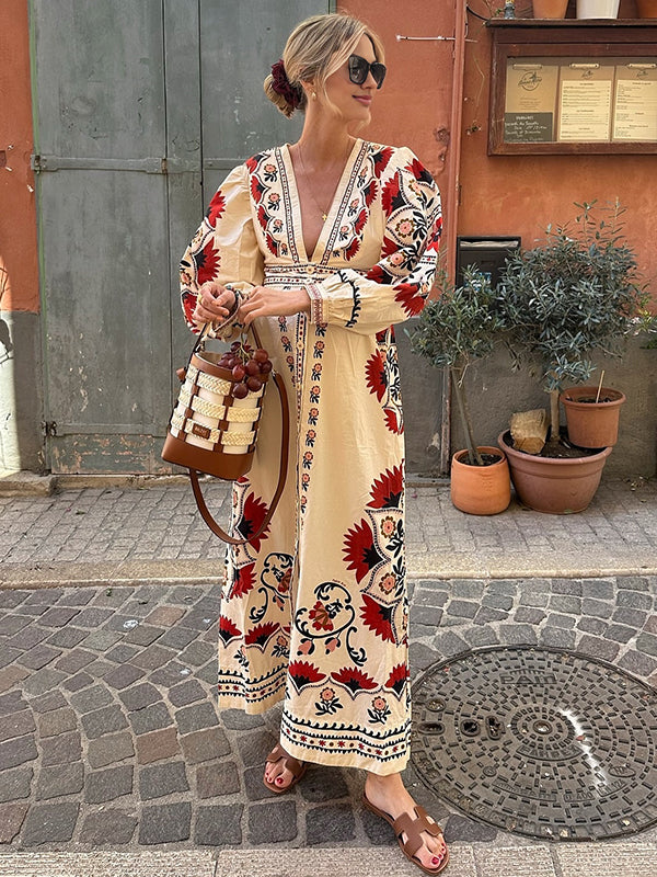 Beaumama robe longue grossesse chic vacances imprimé fleurie boutonnage beige femme enceinte